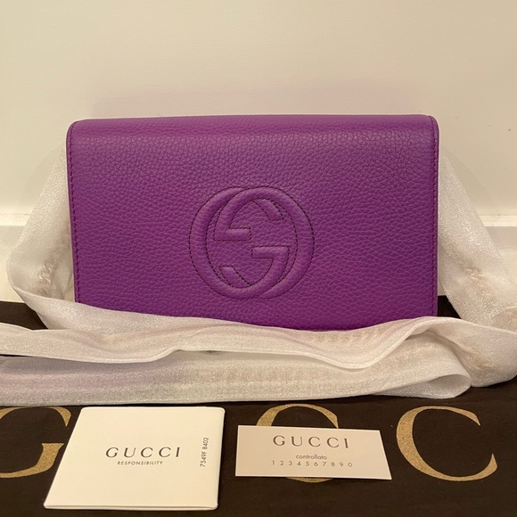 GUCCI 407041 Pebbled Calfskin Soho Wallet on Chain Crossbody Purple - Picture 2 of 9